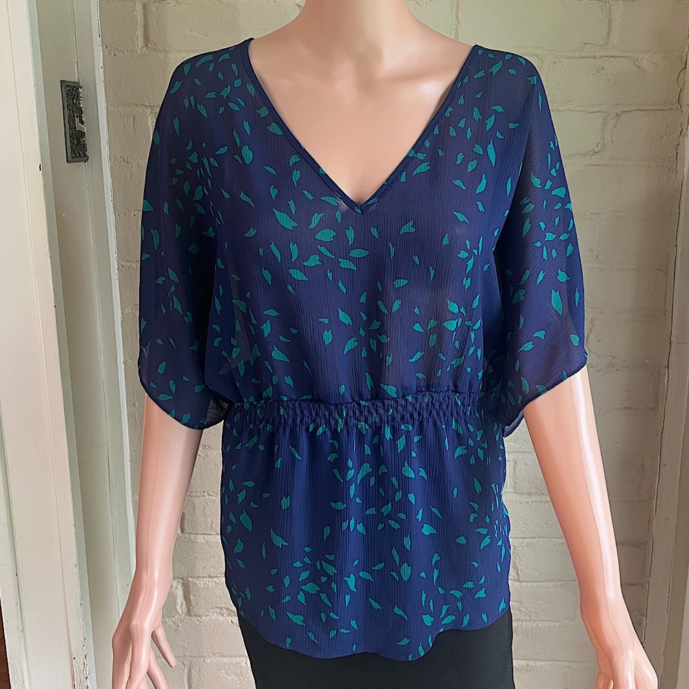Mossimo size large navy blue and green boho business casual blouse top